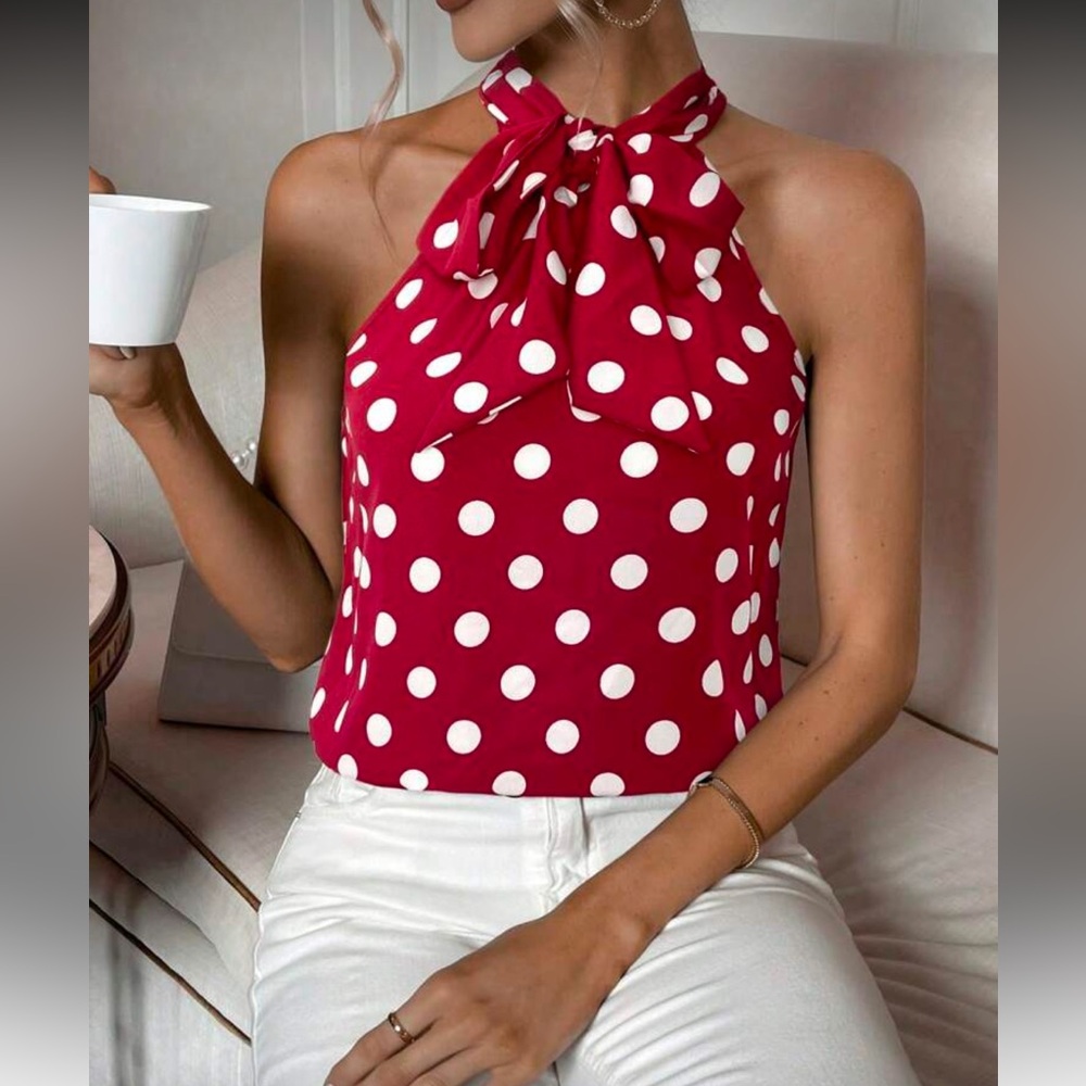 Classic Polka Dot Print Halter Top Blouse Shirt Red White New